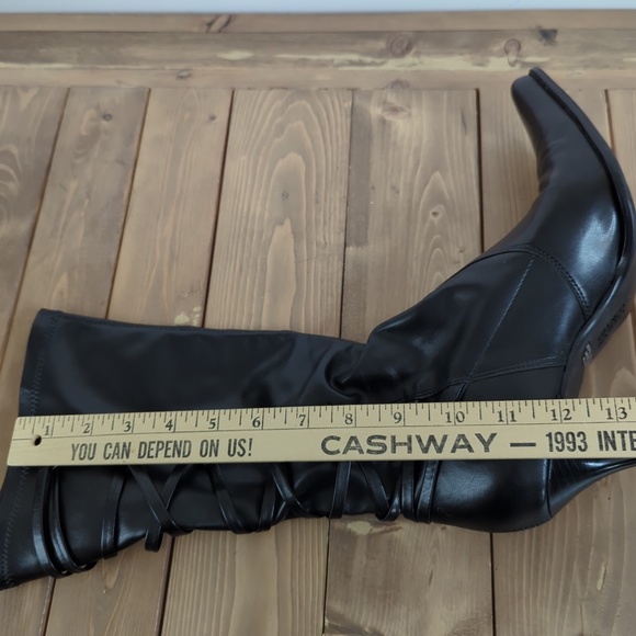 Franco Sarto Women’s Tall Black Shiny Faux Leather Back Lacing Pointed Boots - Picture 8 of 12